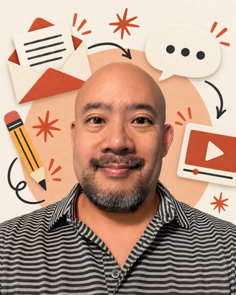 Carlos Tabora surrounded by playful email, pencil, speech bubble, and video illustrations